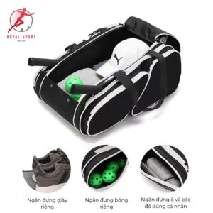 Balo Pickleball cao cấp PVN1011-8 có các ngăn chứa đồ riêng biệt như ngăn đựng quần áo, vợt, bóng, giày.