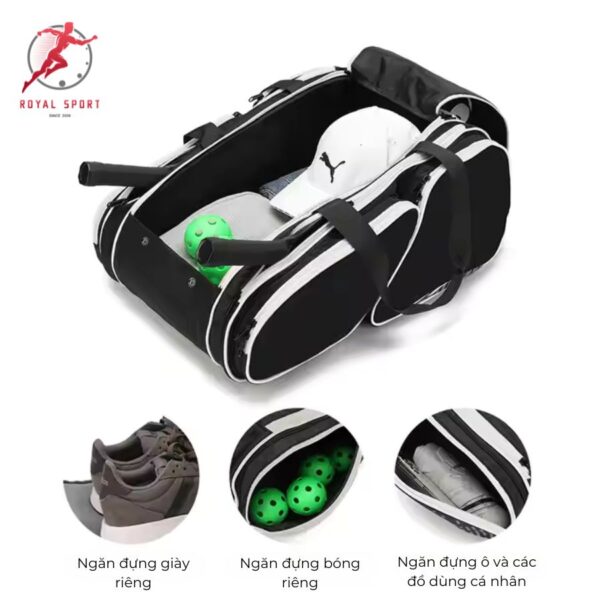 Balo Pickleball cao cấp PVN1011-8 có các ngăn chứa đồ riêng biệt như ngăn đựng quần áo, vợt, bóng, giày.