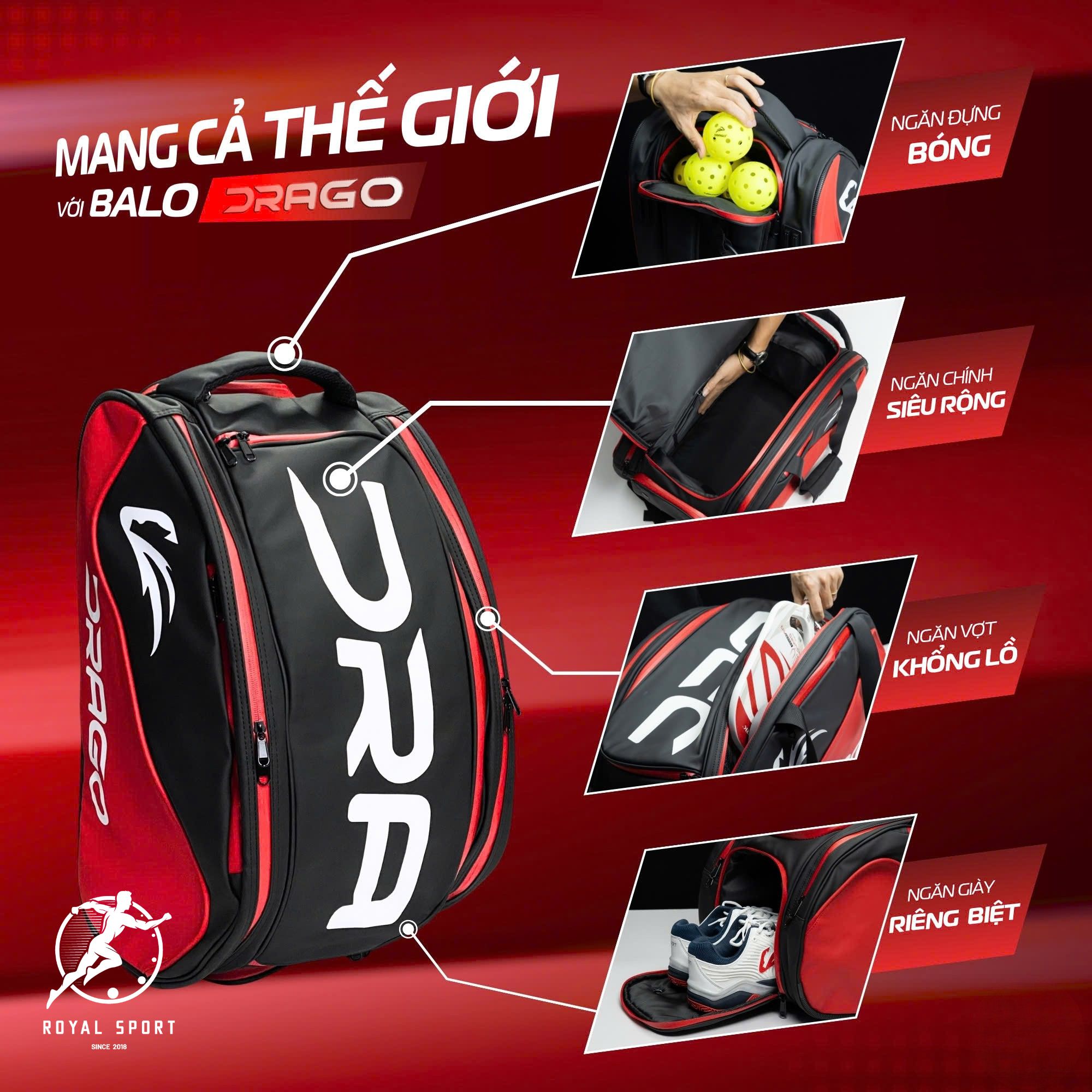 Balo Pickleball Drago P1017 5 Tính năng Balo Pickleball Drago P1017 Màu Đỏ